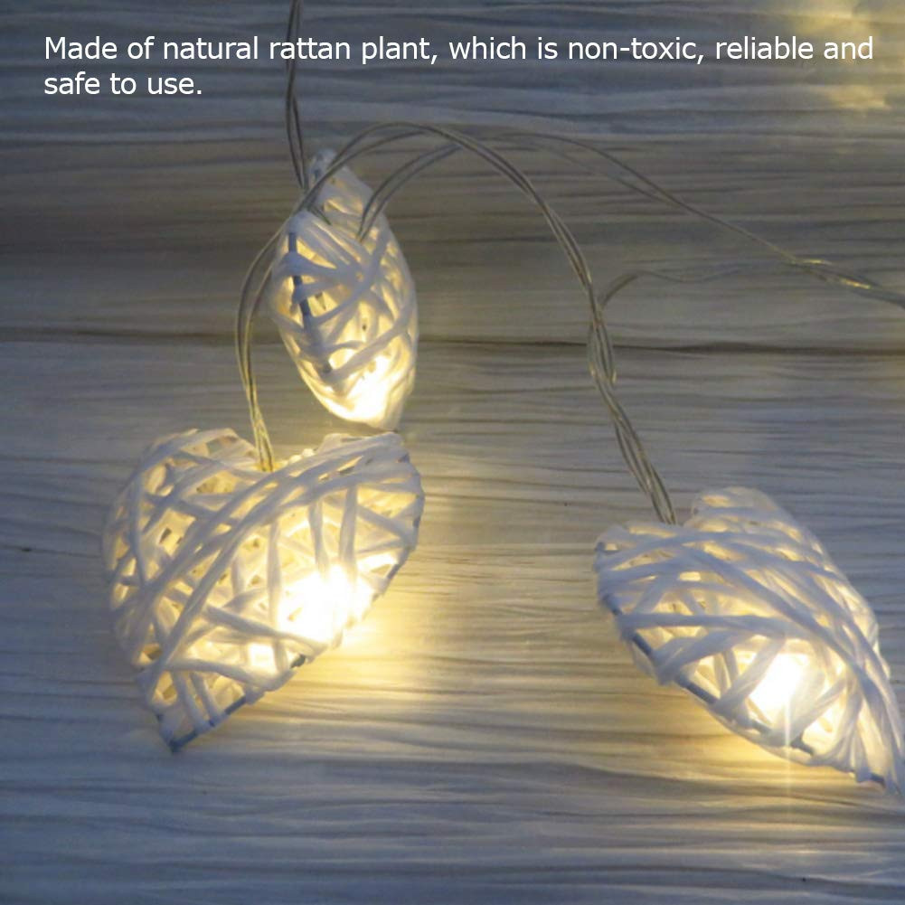 50 White 3D Hollowed Rattan Heart-Shaped 5M LONG String Fairy Lights, Battery (AA) Indoor & Outdoor Decorations Wedding Valentines Romantic Room Table Lighting — image 3