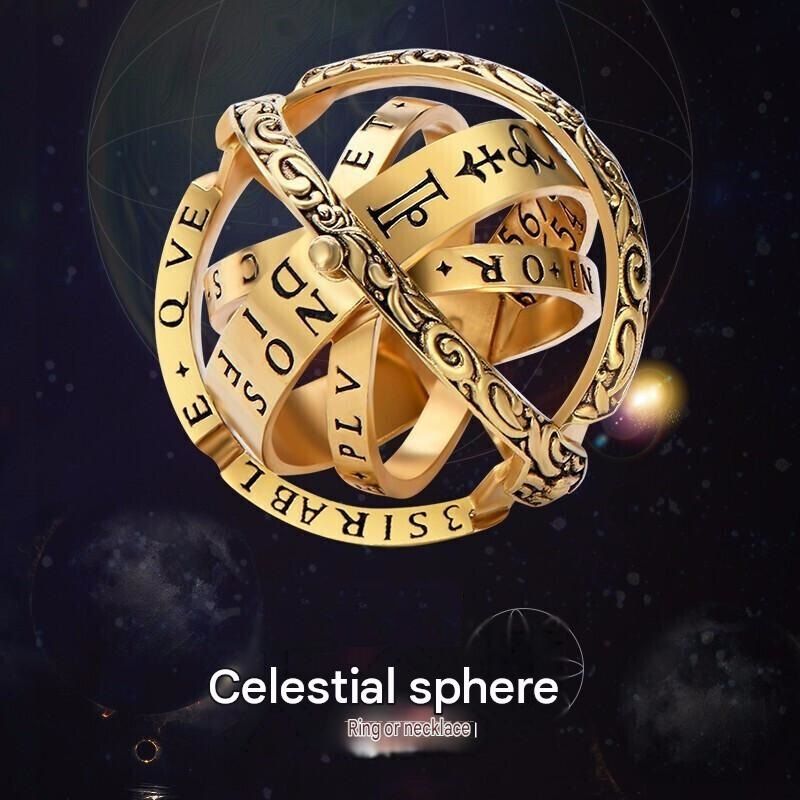 Golden US 8 Transformable Astronomical Sphere Ring - Alloy - 2-in-1 Ring and Pendant Design, Rotating Globe Structure, Retro Cosmic Style, Unisex Fashion โ image 3