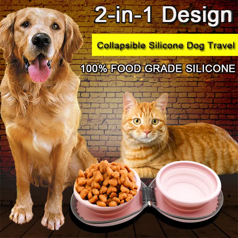 Portable Silicone Double Pet Bowl - Collapsible Travel Dog Feeder for Food & Water - 2 x 450ml Capacity with Zipper Case - Light Yellow โ image 2