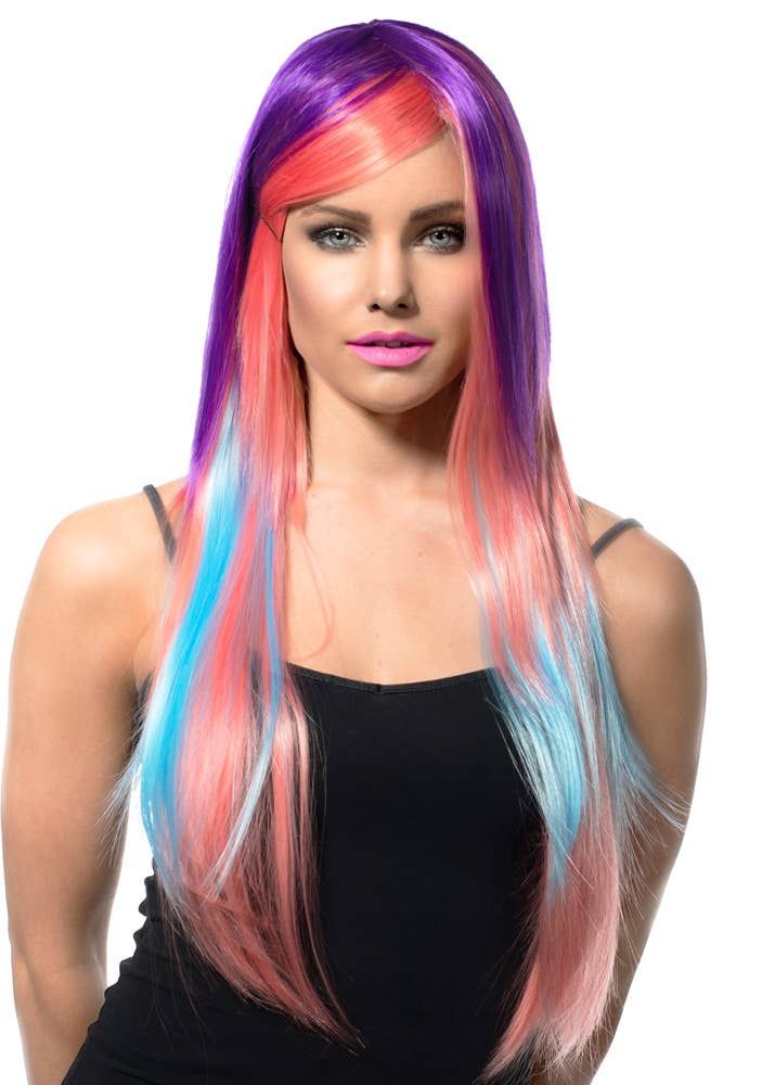 Deluxe Long Purple Pink and Blue Womens Costume Wig