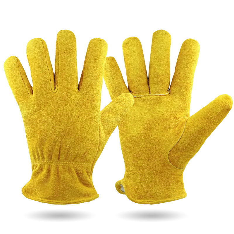 L Yellow Durable Cowhide Work Gloves - Insulated Windproof Anti-Slip for Outdoor Handling & Cycling