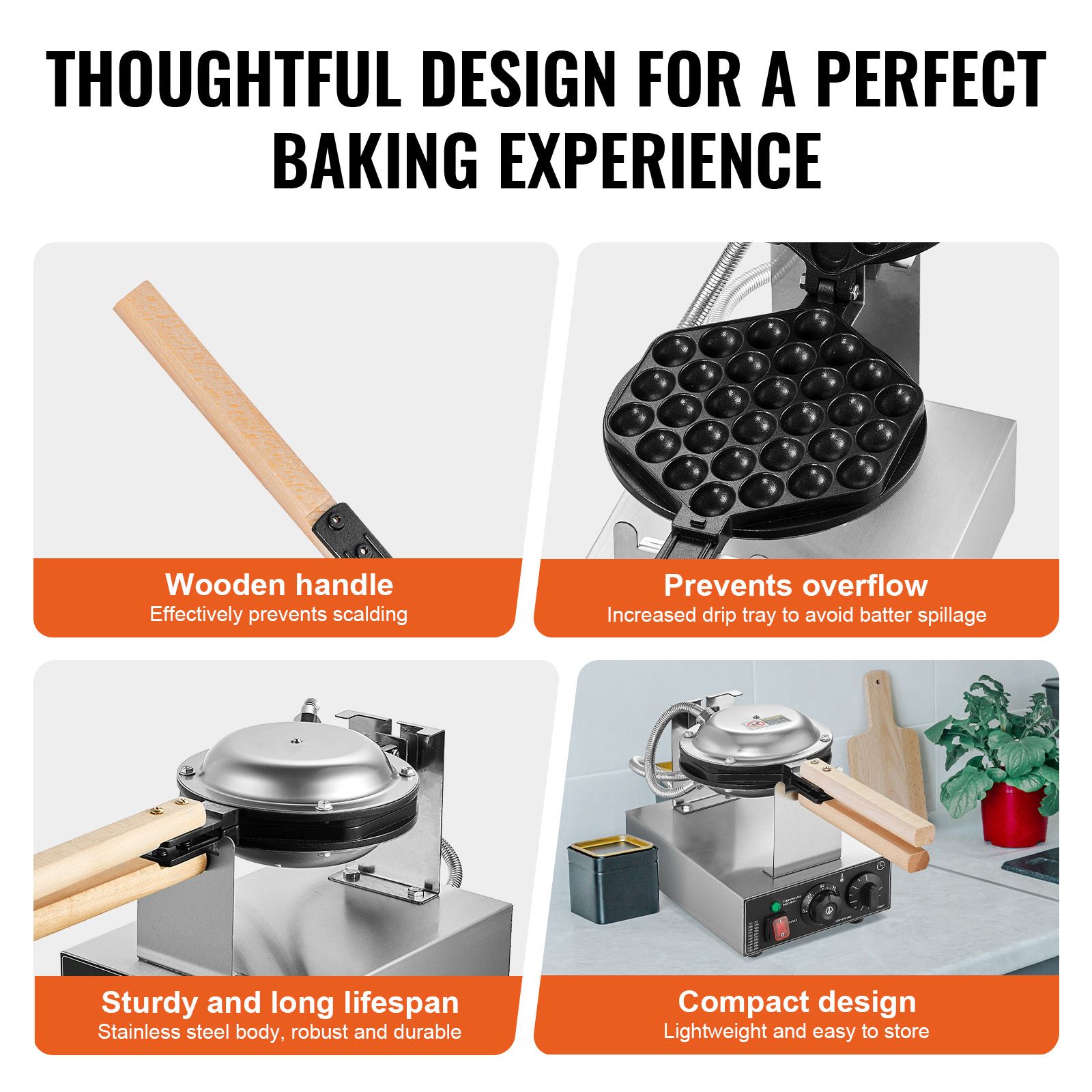 Commercial Bubble Waffle Maker, 1400W Egg Pancake Baker Machine, Non-Stick Stainless Steel Egg Bubble Puff, 180° Rotatable, Temp and Time Control, Wooden — image 5