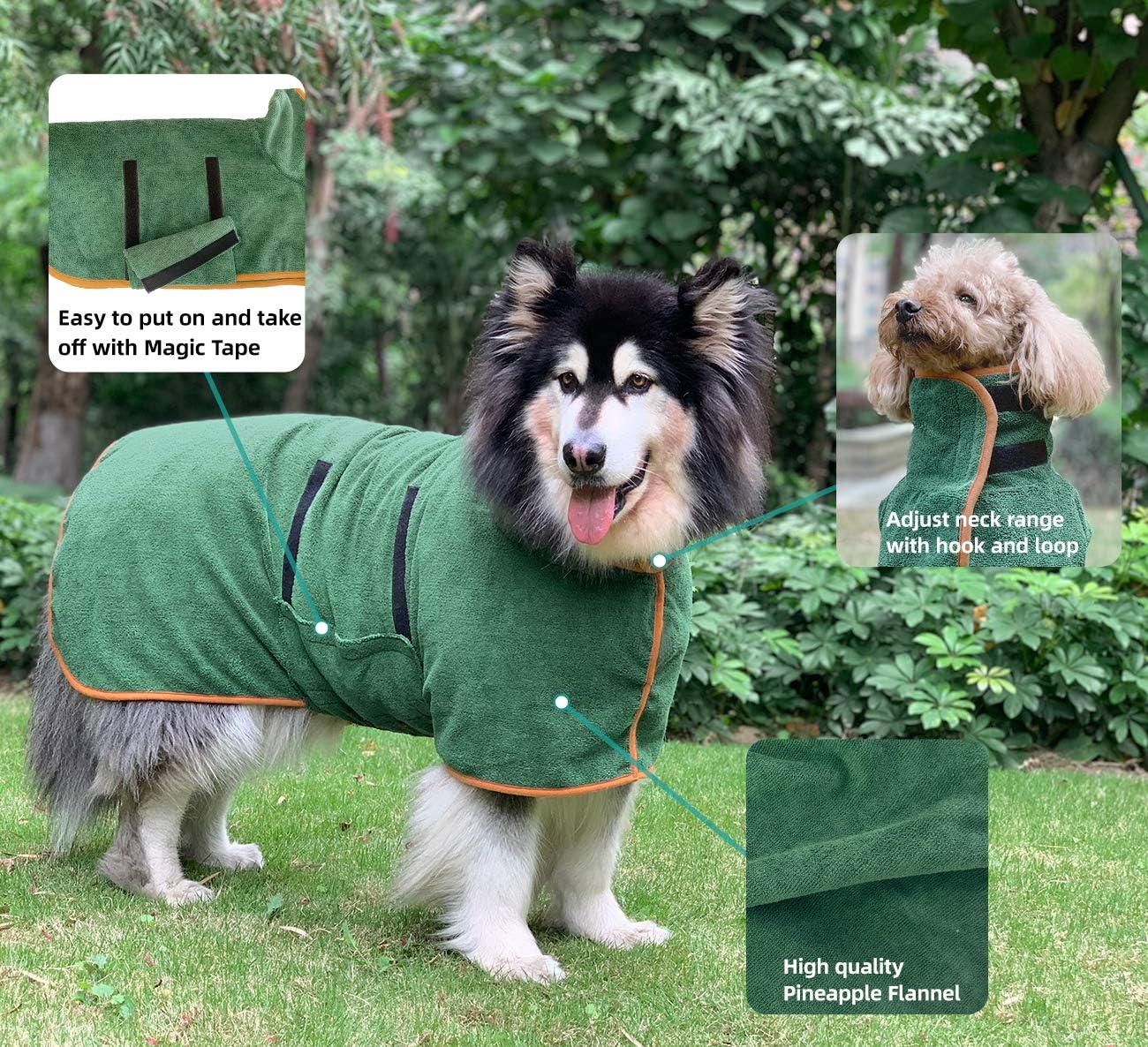 Dog Bathrobe - Size M - Green with Orange Trim - Absorbent Pet Towel with Adjustable Strap — image 3