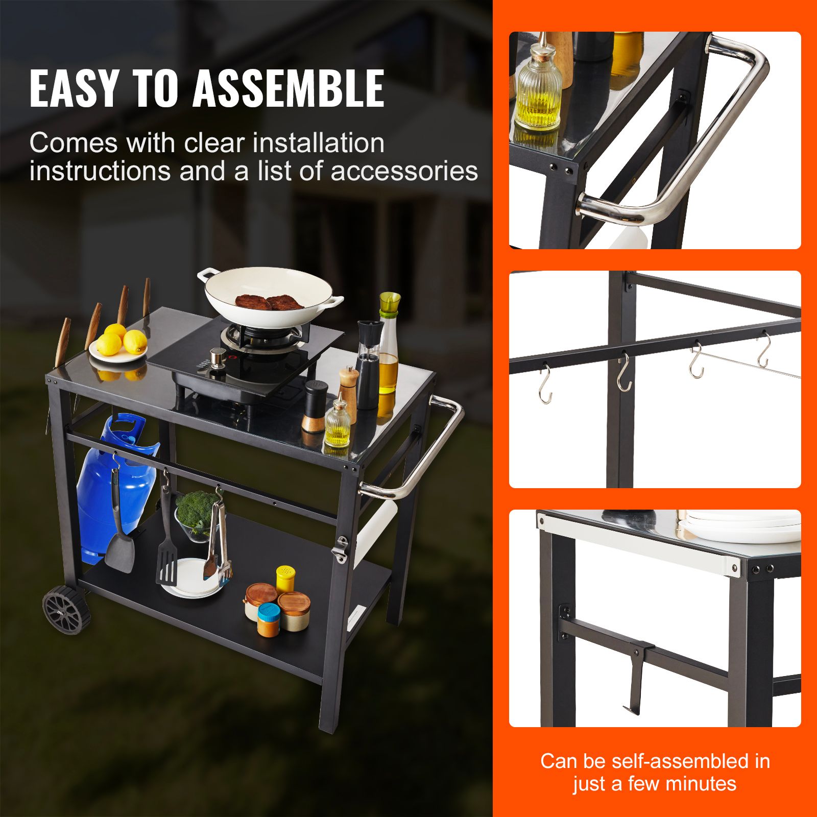 Outdoor Grill Dining Cart with Double-Shelf, 85*55cm BBQ Movable Food Prep Table, Multifunctional Iron Table Top, Portable Modular Carts for Pizza — image 6