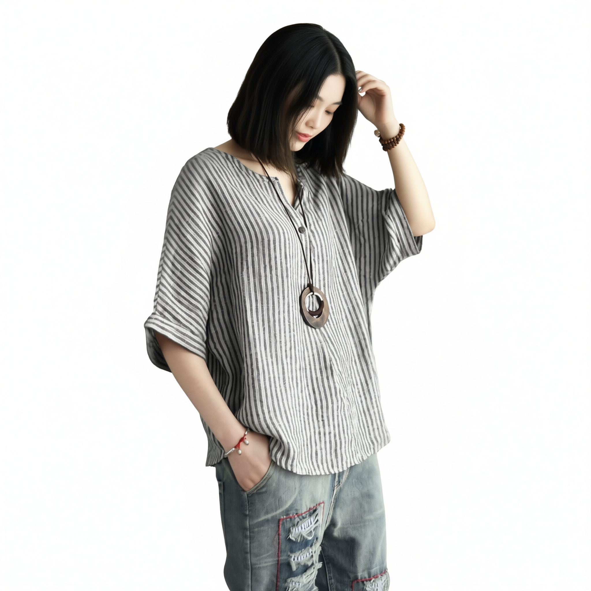 Women Striped Cotton Blend Batwing Casual Top T-Shirt grey 4XL