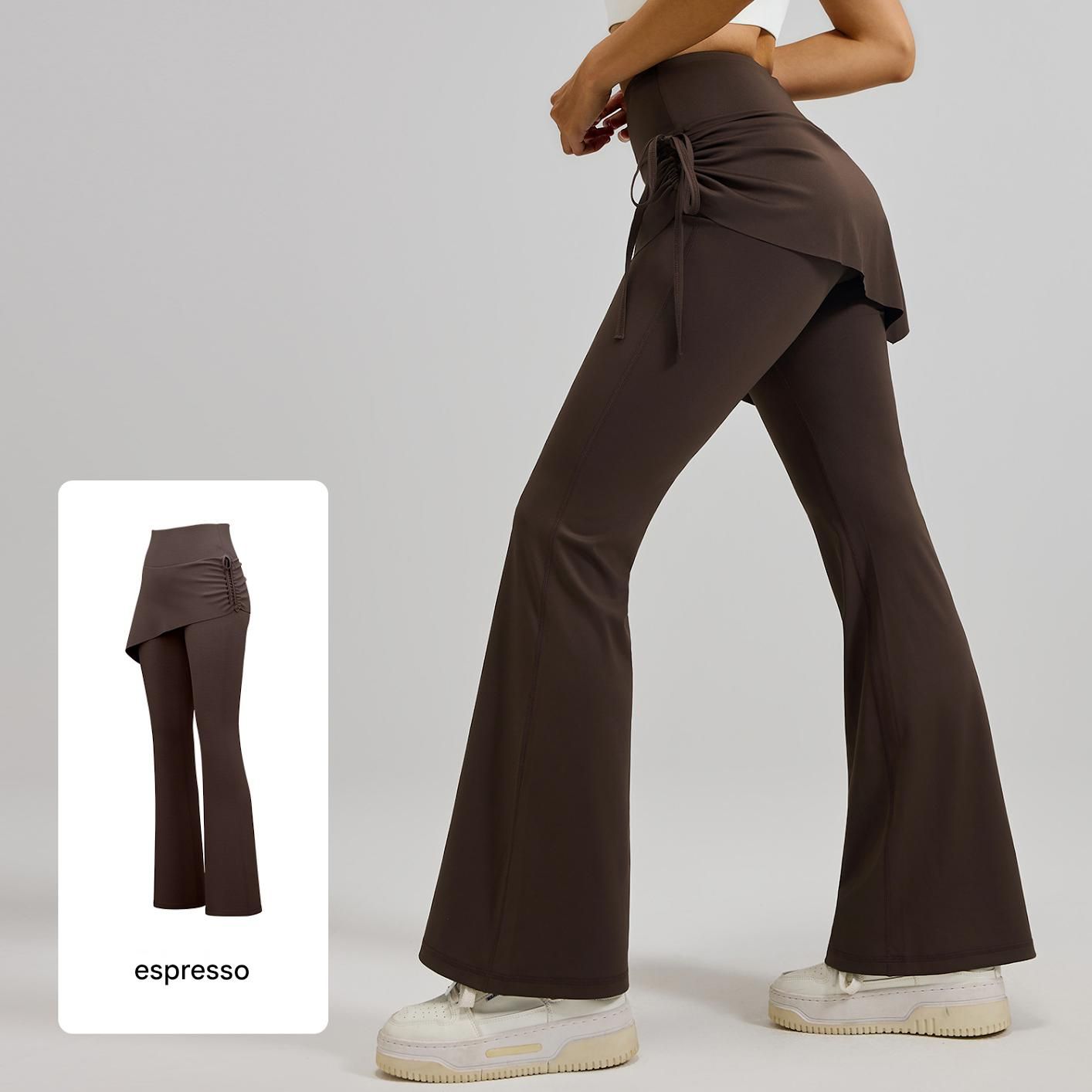 Women's High Waist Skirted Flare Yoga Pants with Adjustable Ruched Drawstring (M size)- Coffee brown Faux Two Piece Bootcut Leggings for Pilates, Gym — image 3