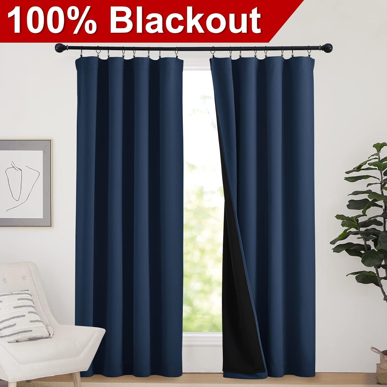 2 Pack 100% Blackout Curtains, Thermal Insulated Window Drapes for Bedroom, Guest Room and Shift Workers, Navy, 132 x 213 cm — image 2
