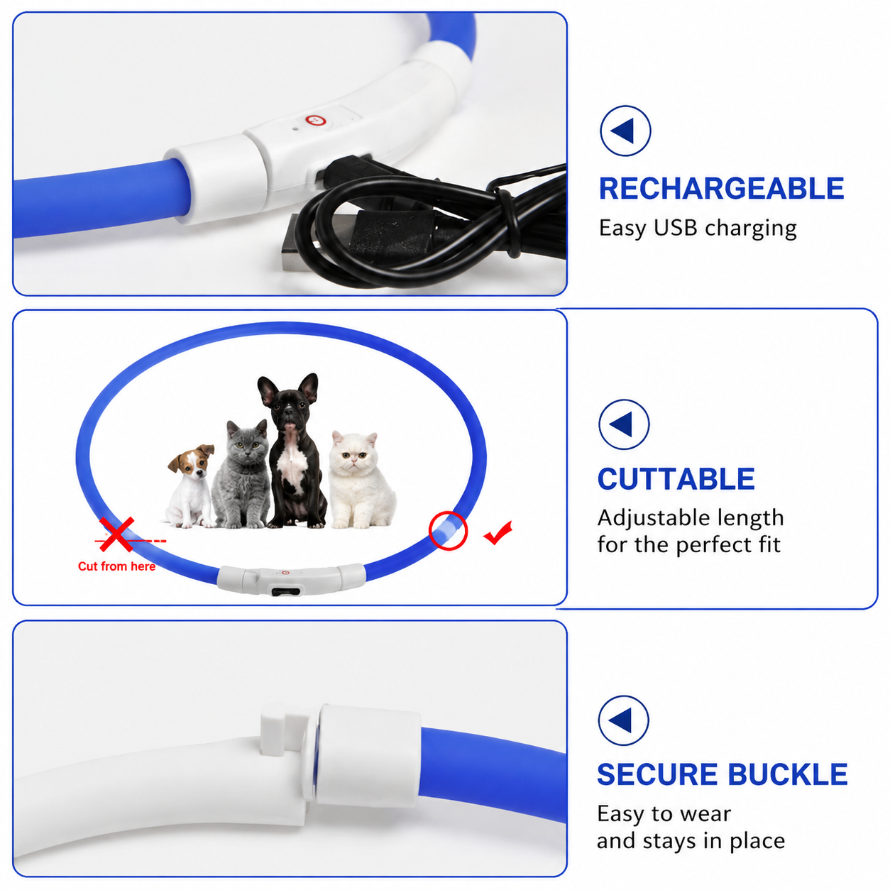 3PCS Green USB Rechargeable LED Pet Collar Set – 70cm Cuttable Silicone Glow Dog Collar with 12 LED Beads, 3 Flash Modes and Secure Buckle Design, Night Safety — image 3