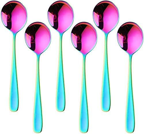 7-Inch Soup Spoons, 6 Pieces Bouillon Spoon, 18/10 Stainless Steel Finished Table Dinner Spoons Set of 6 (Rainbow)