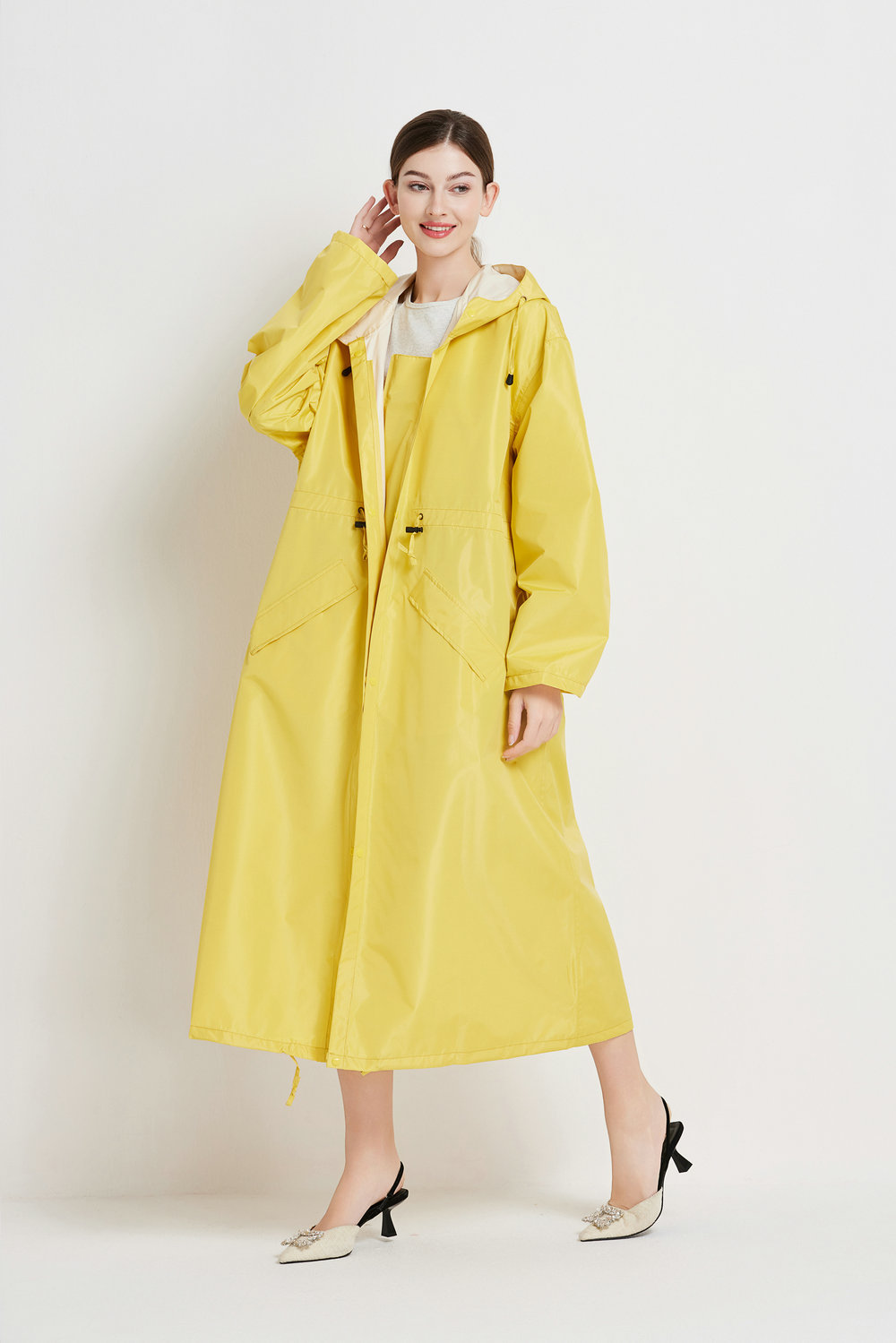 Size L Yellow Women's Chic Lightweight Waterproof Raincoat - Long Hooded Packable Rain Jacket with Pouch โ image 3