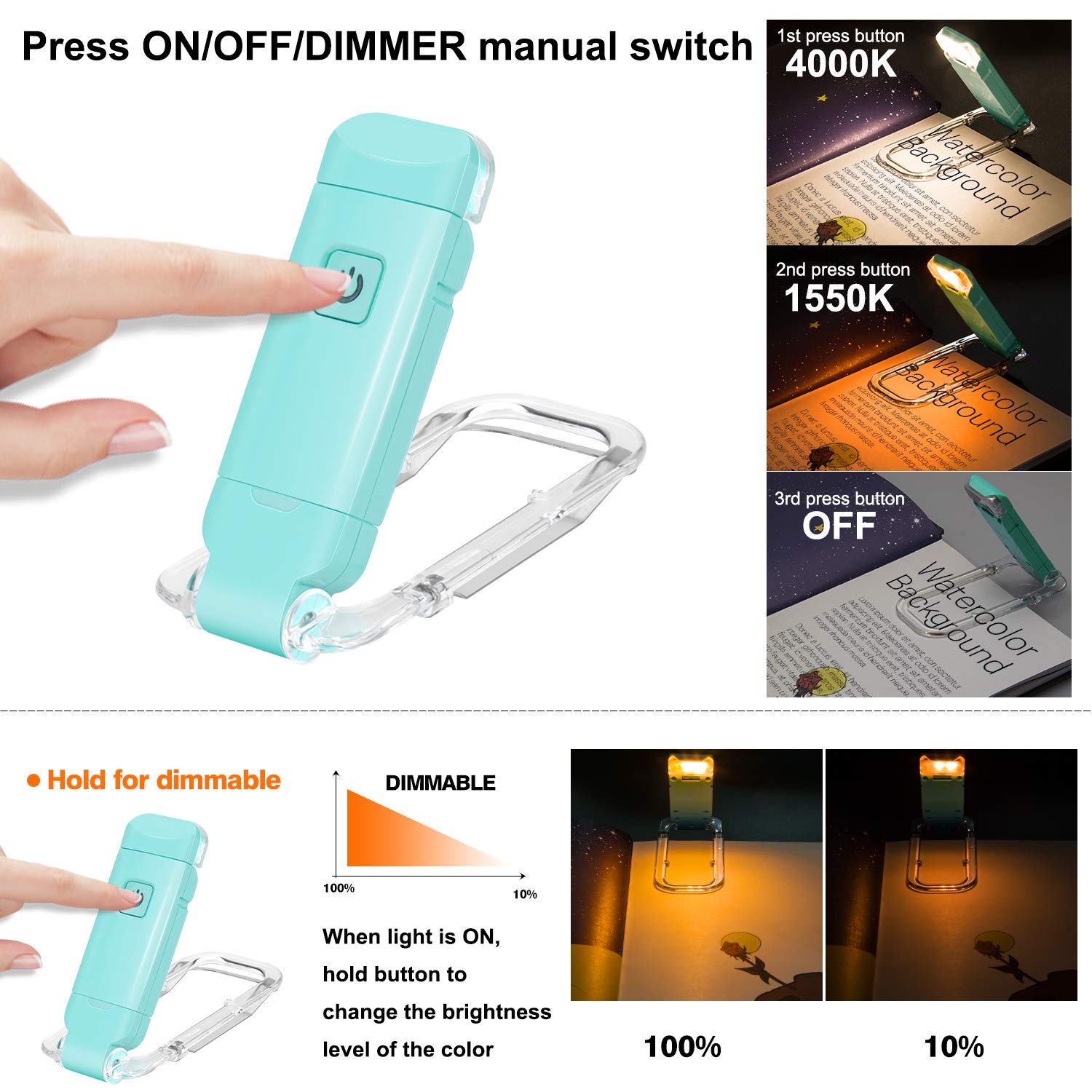 Rechargeable LED Book Light with Dimmable Warm White & Amber Modes – USB-Powered Clip-On Reading Lamp for Books, Sheet Music & Travel (Blue) — image 3