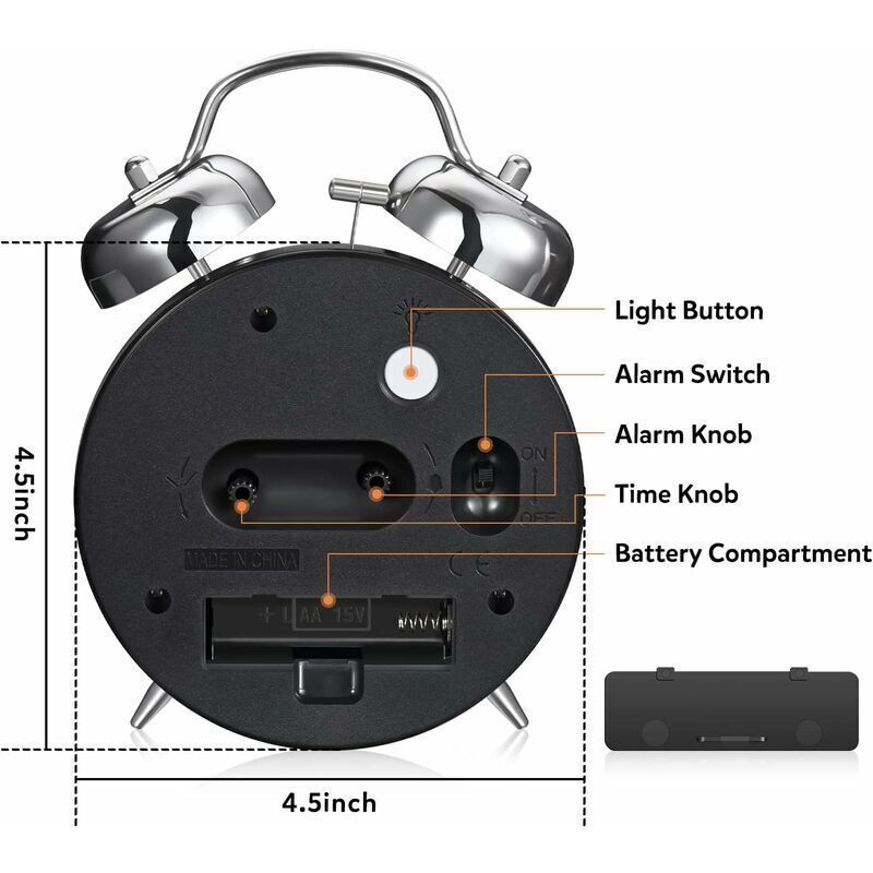 Loud Alarm Clock for Adults Heavy Sleepers, Silent Quartz with Backlight, Twin Bell, Grey, 4 Inch — image 4