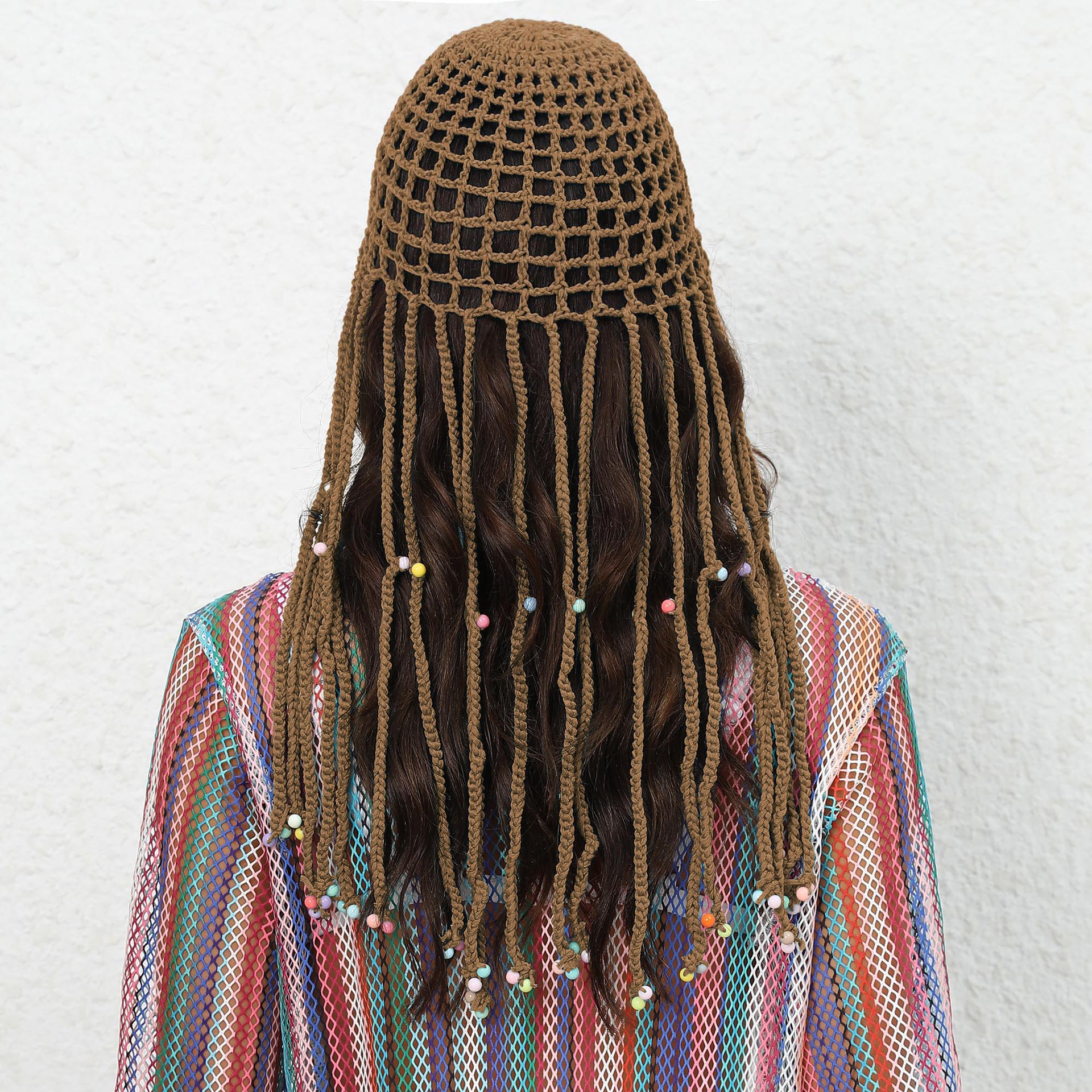 Coffee Boho Hand-Crocheted Tassel Sun Hat - Lightweight Breathable Beach Cap (Fits 55-60cm) — image 2