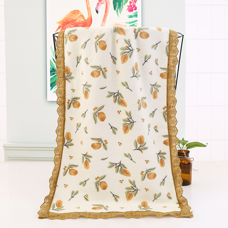Beige Vintage Floral Lace Trim Towel Set - Ultra Soft Absorbent Coral Fleece Bath & Face Towel — image 2