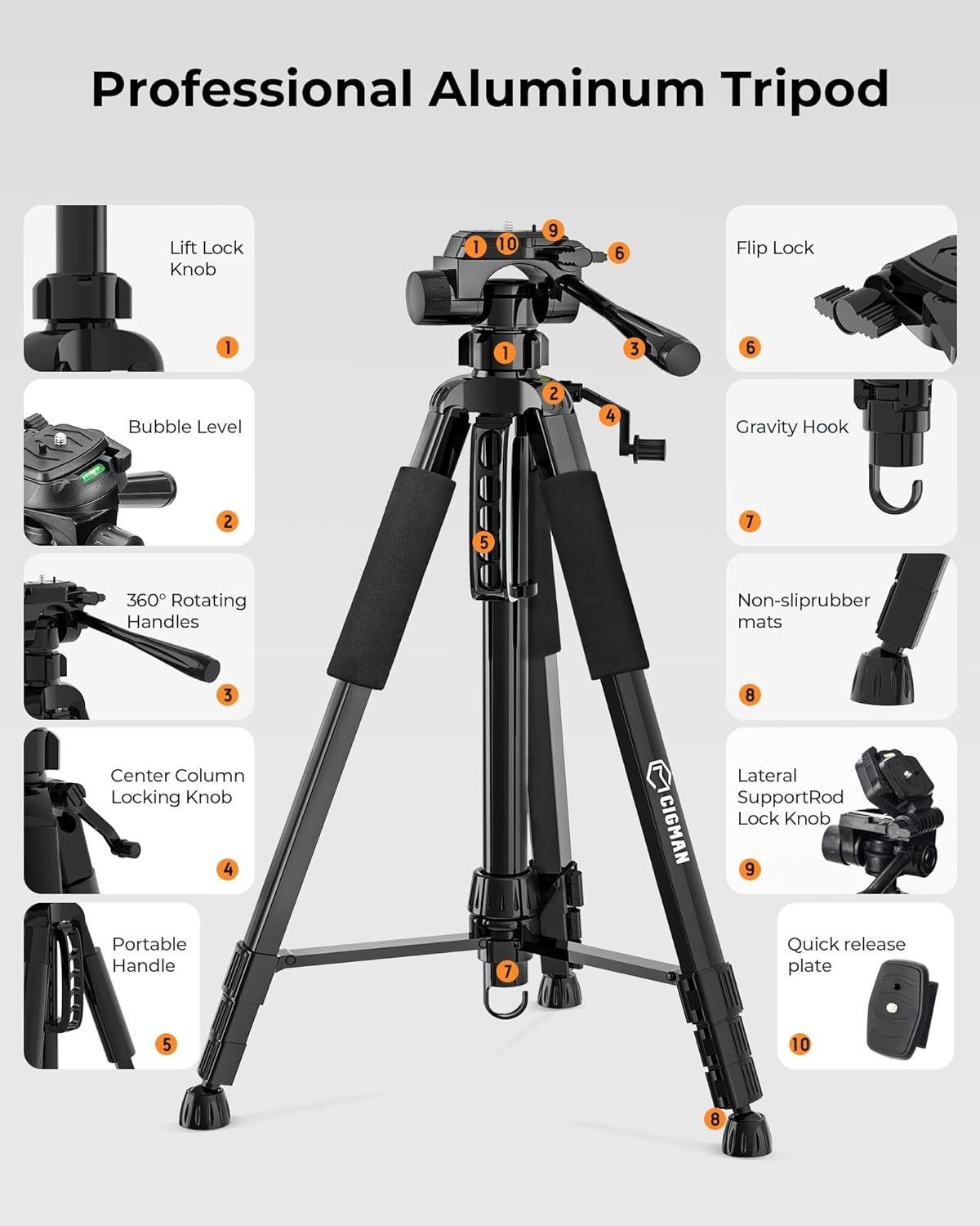 CIGMAN 59-inch Lightweight Adjustable Laser Level Tripod with 3-Way Swivel Pan Head, Bubble Level, Phone Holder, Quick Release Plate with 1/4" Screw Mount & — image 2
