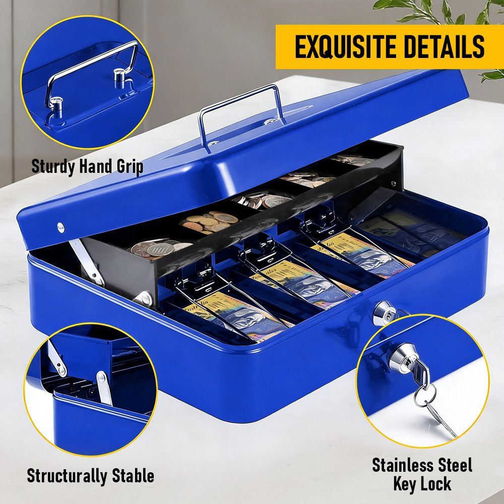 Lockable Metal Cash Box with 2 Keys, 4 Bill & 5 Coin Tray, Security Money Box with Anti-Loss Rope — image 4