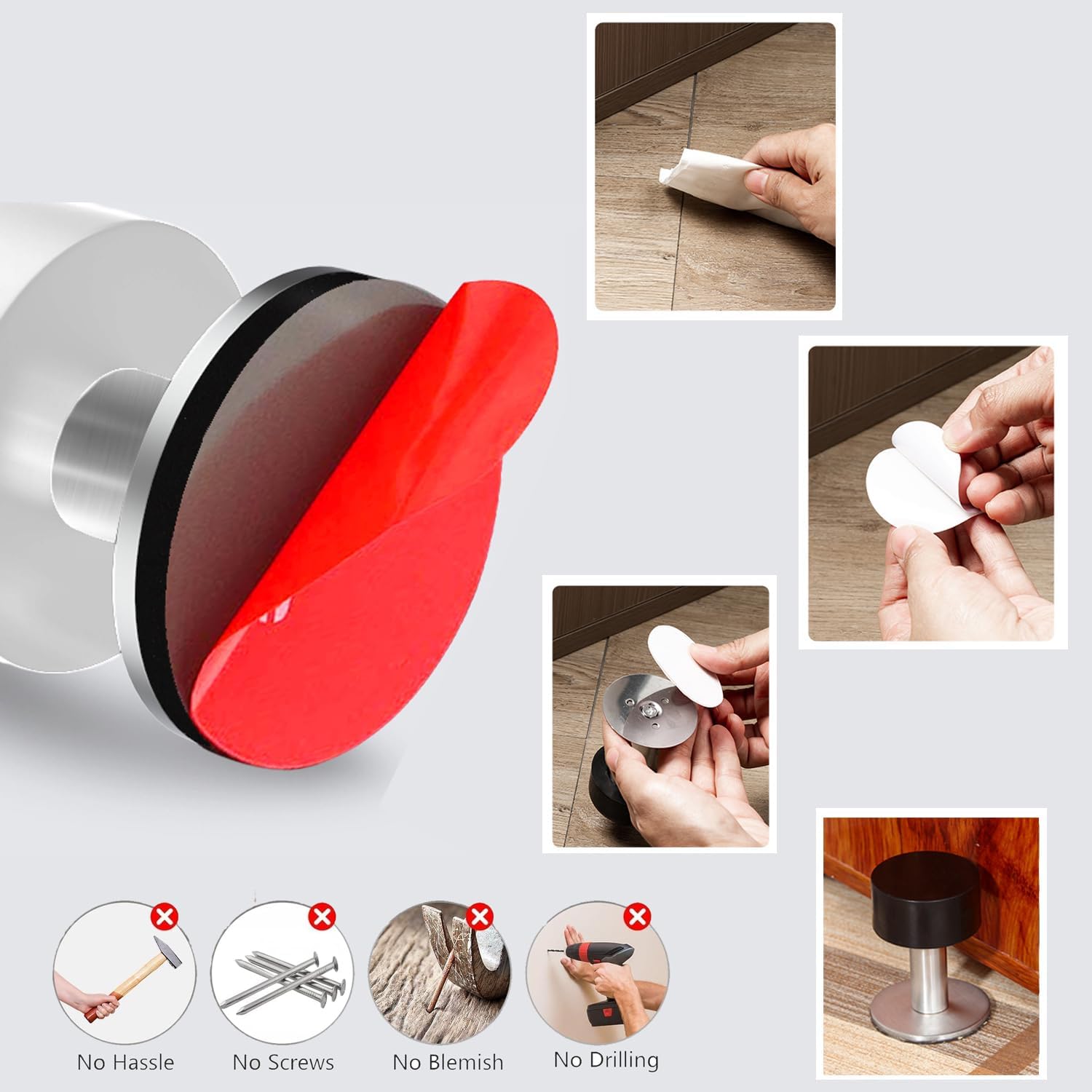 Door Stoppers with Extra Stickers, Self-Adhesive Door Stop with White Rubber & Stainless Steel Body - Sound Dampening Door Bumpers for Home & Office, Door — image 5