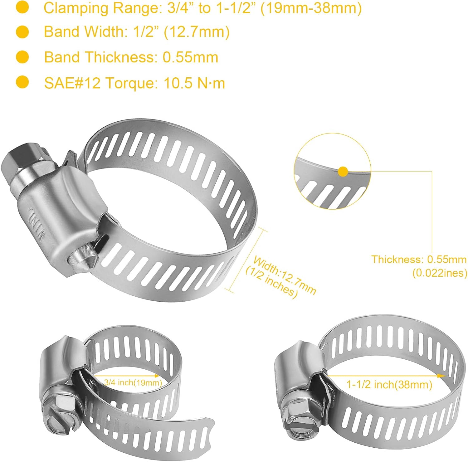 Stainless Steel Hose Clamps - 16 Pack Worm Gear Drive Hose Clamps SAE 16 Clamping Range 3/4 Inch to 1-1/2 Inch (19mm-38mm) for Automotive Plumbing, 3/4'', 1'' — image 3