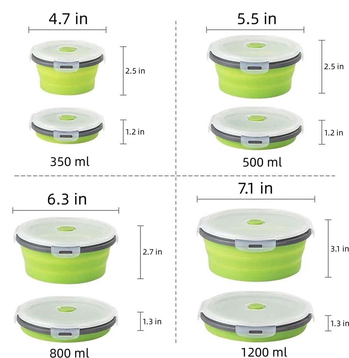 4-Piece Food Storage Container Set - Lunch Box - Collapsible Food Container - Round Silicone Lunch Box - For Camping Kitchens - BPA-Free - Green — image 3
