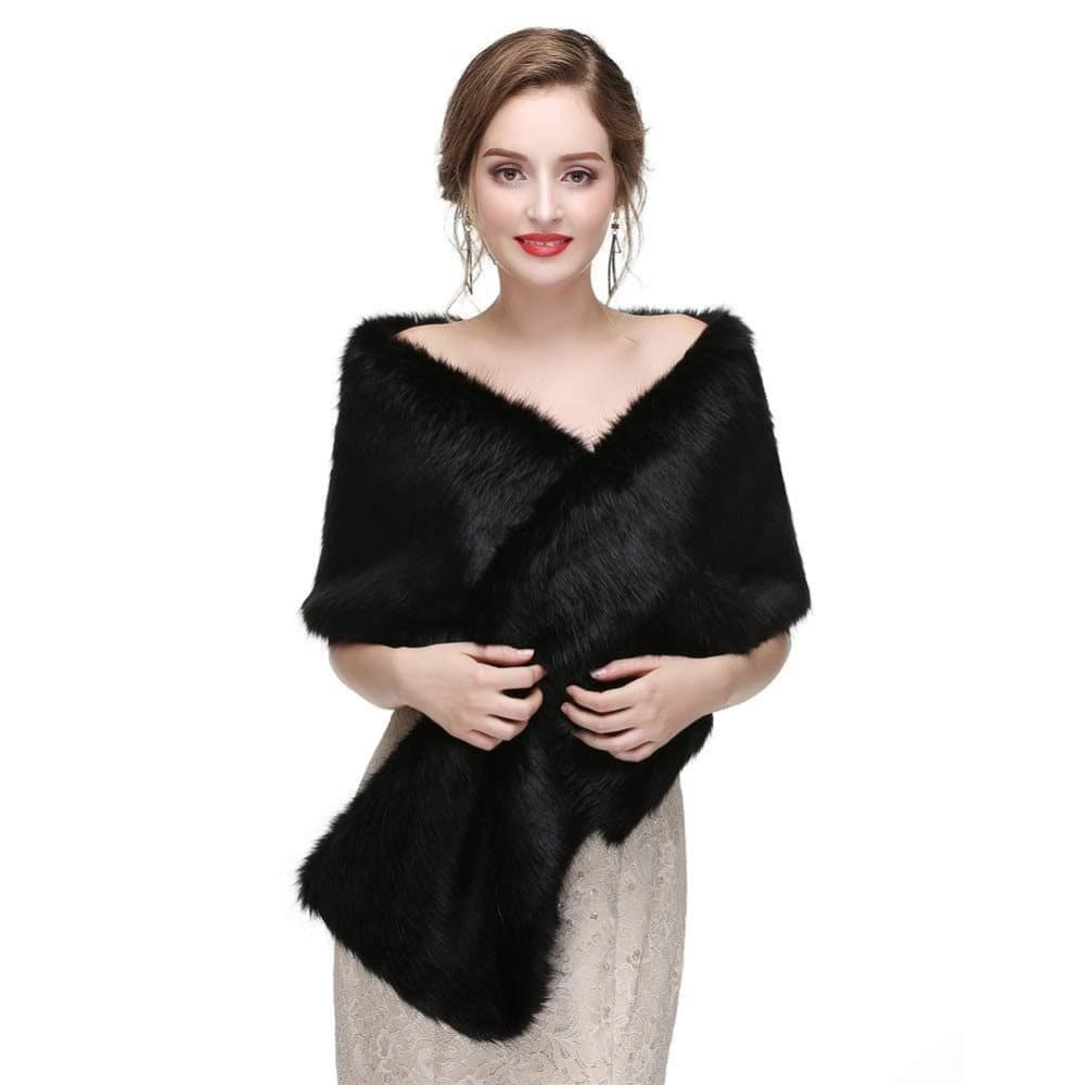 Black Faux Fur Scarf Shawl for Women, Warm Long Large Bridal Shoulder Warmer for Party Wedding Evening Dress Winter Use