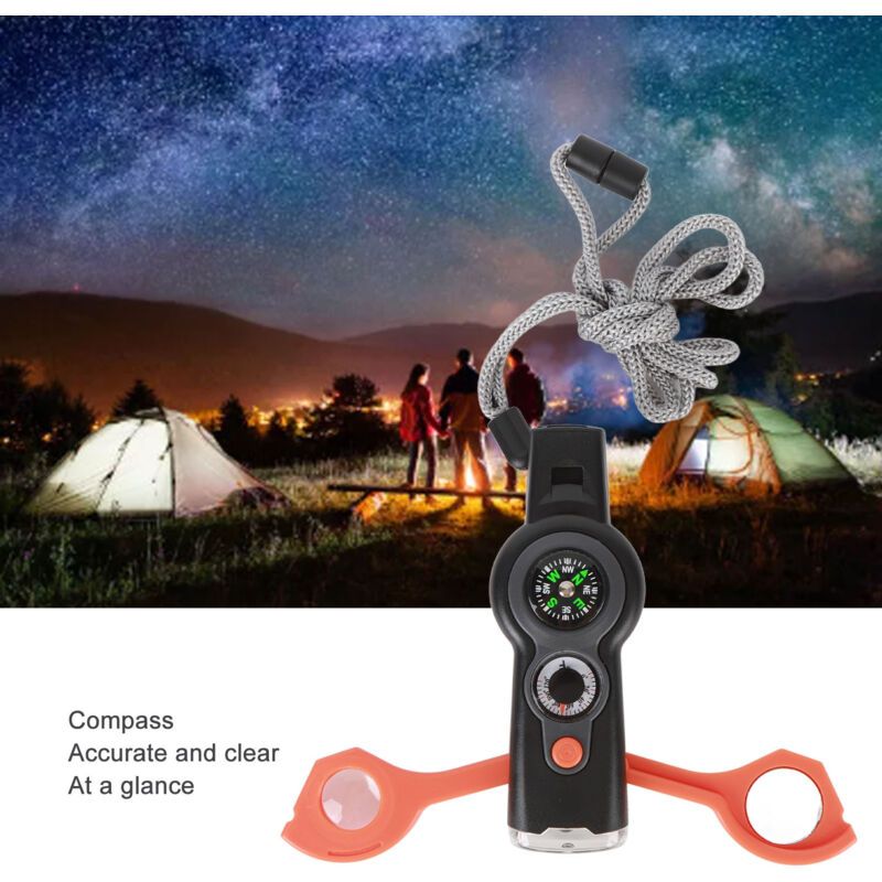 7 in 1 Emergency Survival Whistle, LED Thermometer, Compass, Climbing, Orange — image 4