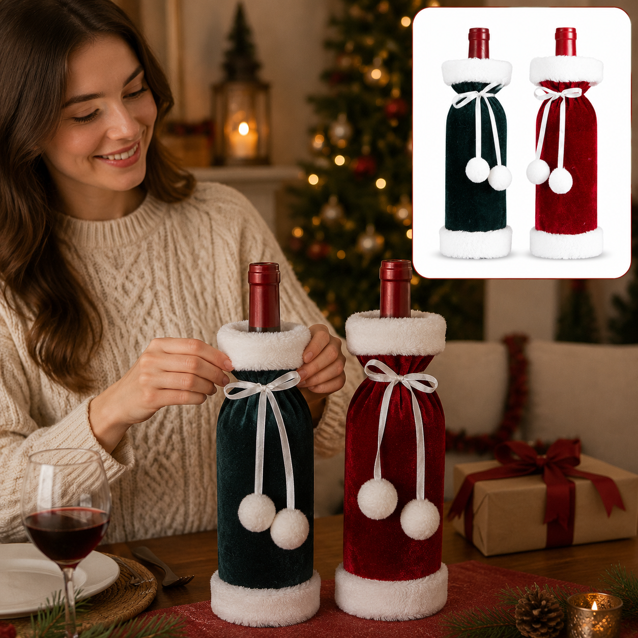 2 Pack (Red+Green) Christmas Velvet Wine Bottle Covers with Faux Fur Trim Reusable Wine Bottle Gift Bags for Holiday Table Decor and Christmas Party