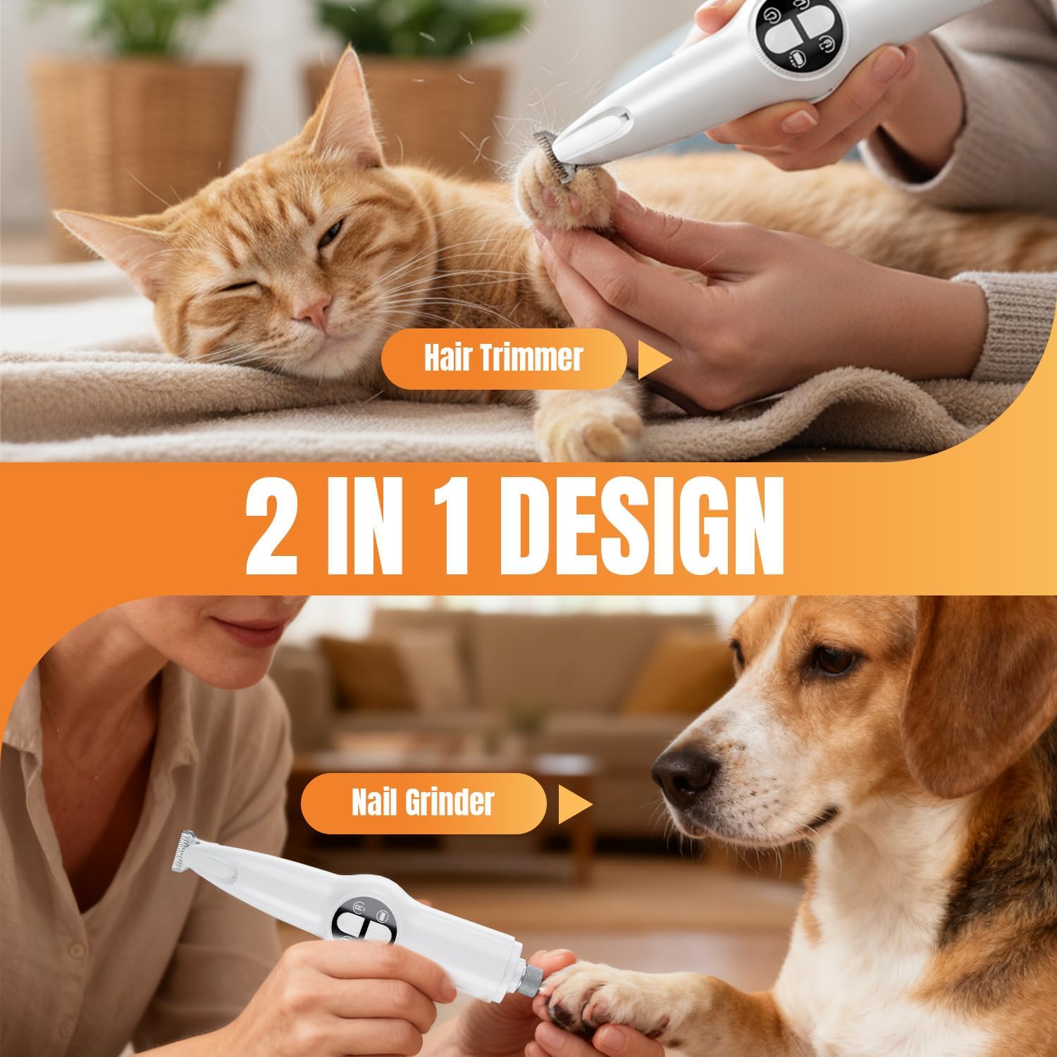Petluno 2-in-1 Pet Grooming Trimmer with LED Light, Rechargeable Dog/Cat Hair Clipper, Grooming Tool, Electric Nail Grinder for Cats and Dogs, Pet Clipper — image 2