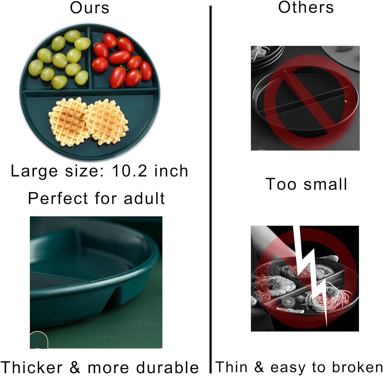 Portion Control Plates 10 Inch (4 Pack) Divided Plate Adults Plastic 3 Compartment Dinner Plate Perfect for Bariatric Diet Weight — image 3