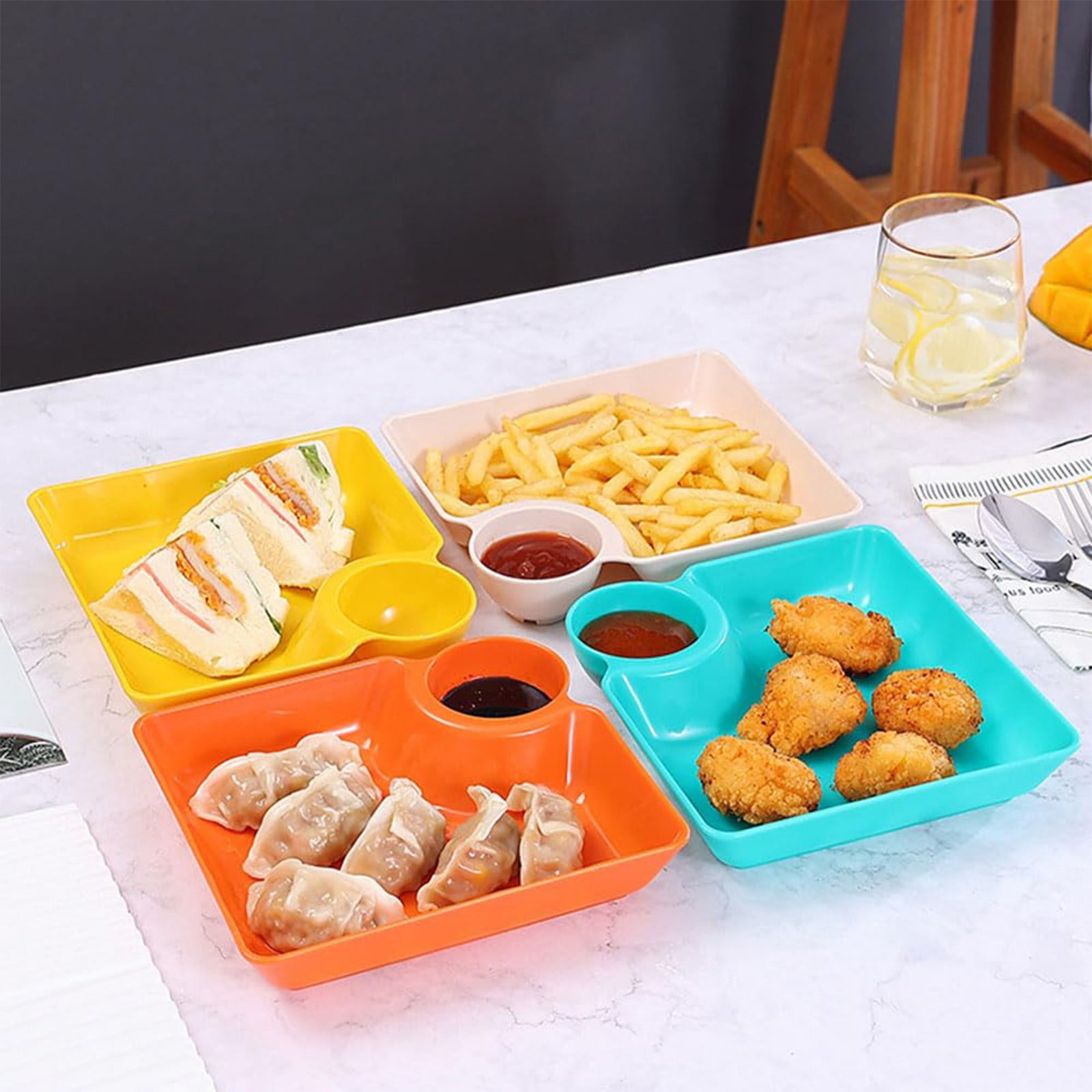 Square Plastic Chip and Dip Serving Plate, Divided Appetiser Tray with Sauce Compartment for Sushi, Tacos, 18.5 x 18.3 x 4 cm, White โ image 6