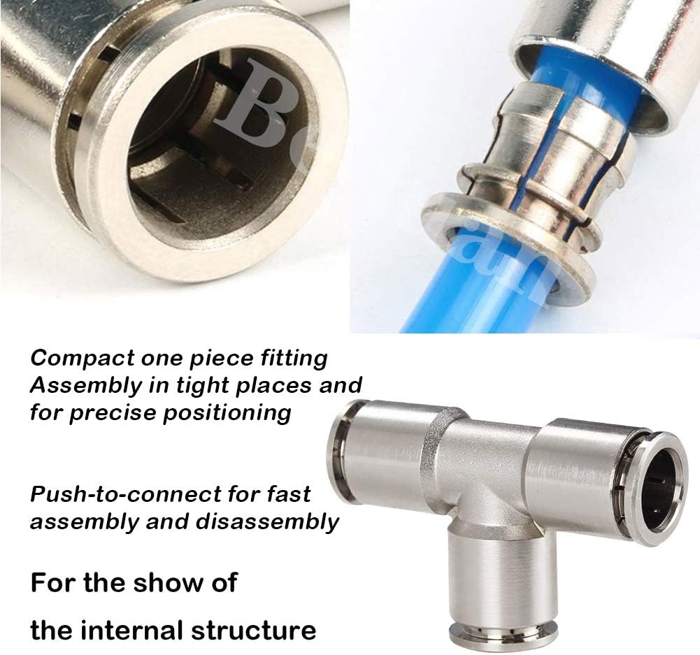 Push to Connect Tube Fitting Union Tee, Copper Nickle-Plated 1/4" Tube OD 3 Way Tee Shaped Union Adapter Fitting (Pack of 2) — image 2