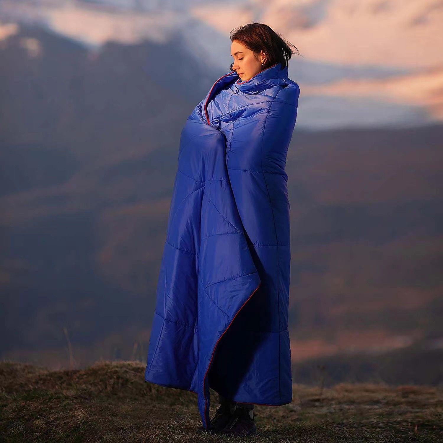 200x140cm Blue Large Outdoor Camping Imitation Silk Cotton Wearable Warmth Blanket, Quilted Poncho Shawl Throw with Storage Bag, Lightweight Warm Camping Quilt โ image 6