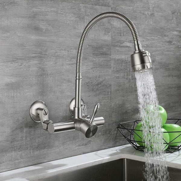 Wall Mounted Kitchen Tap, Food-Grade 304 Stainless Steel Flexible Gooseneck Faucet with 2 Spray Modes, 360° Swivel Kitchen Sink Tap, Mount Hole Distance — image 3