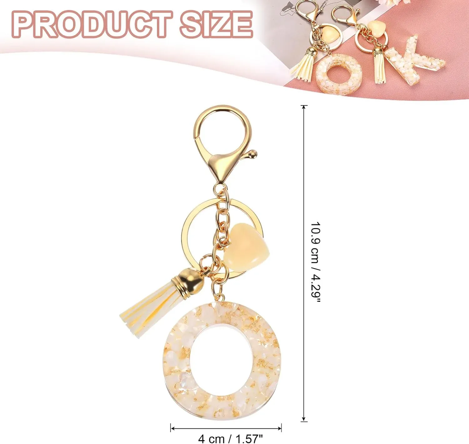 Resin Circle Keychain with Tassel and Lobster Clasp for Women Bags and Car Keys Cream Gold Tone, Letter O Option โ image 2