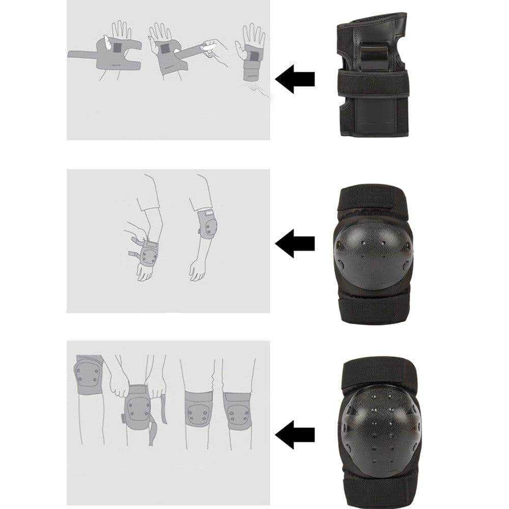 6-in-1 Protective Gear Set Adjustable Knee Elbow Wrist Guards for Roller Skating Skateboarding, One Size, Black — image 5