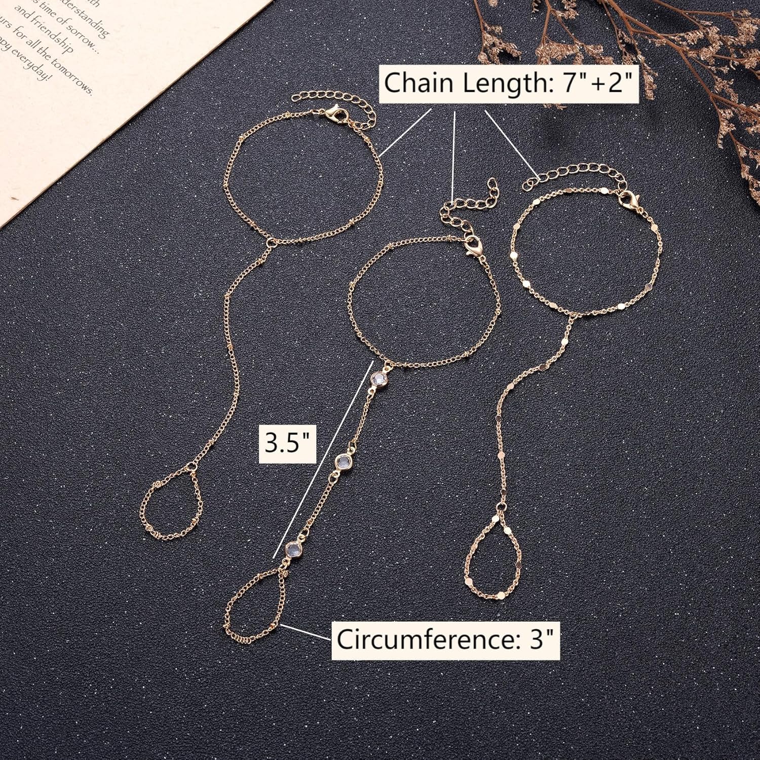 3 Pack Gold Hand Chain Bracelet Set for Women – Dainty Layered Finger Ring Bracelets, Boho Wrist Accessory for Wedding Prom Beach Party, Elegant Hand Jewelry — image 6
