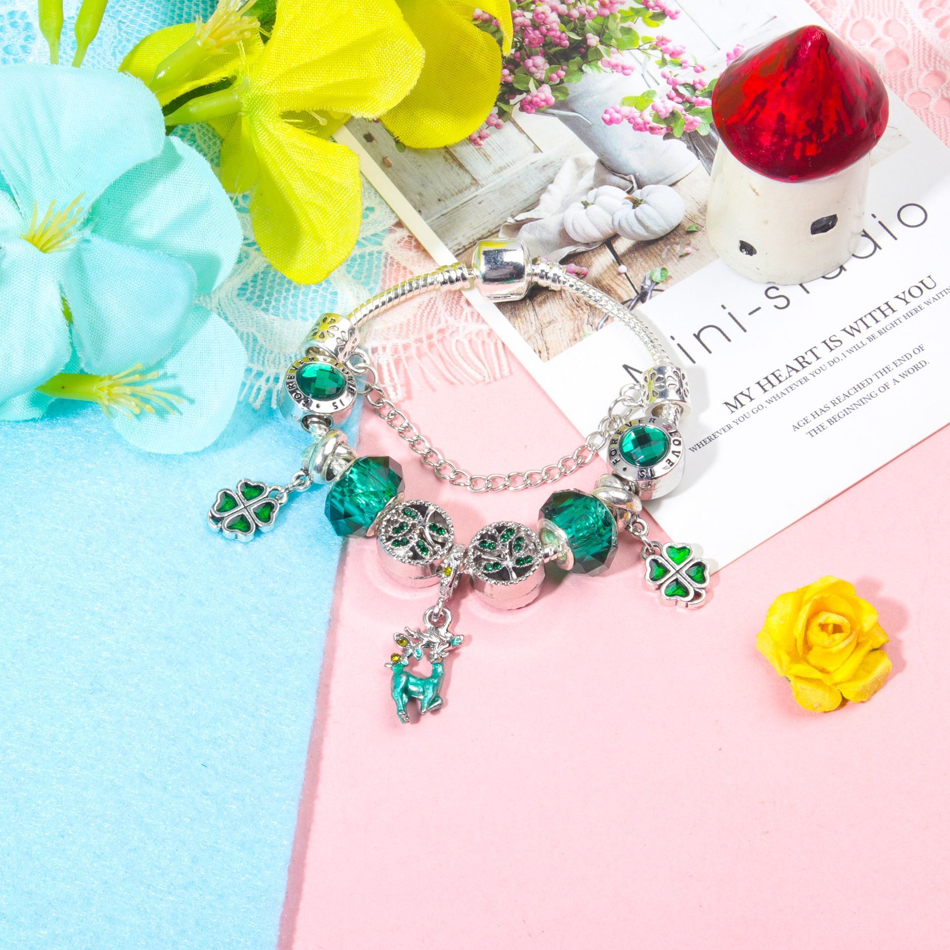 Colorful Cat Eye Glass Bead Clover Pendant Bracelet(19cm) โ image 3