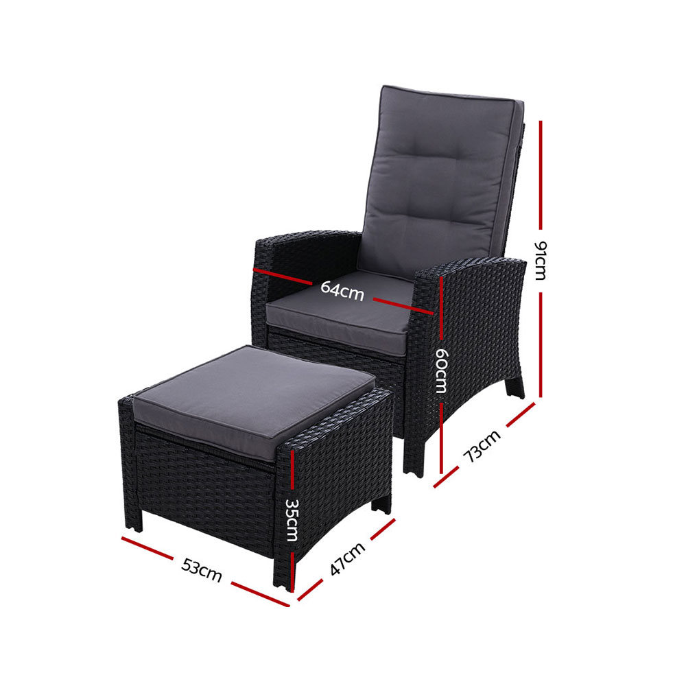 Gardeon 2PC Recliner Chairs Sun lounge Wicker Lounger Outdoor Furniture Adjustable Black — image 2