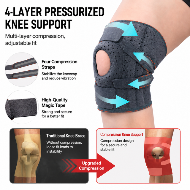 Grey and Rose Red Breathable Sports Knee Brace 1 Pair - Adjustable Open Patella Support with 4 Spring Stabilisers, Compression Straps โ image 4