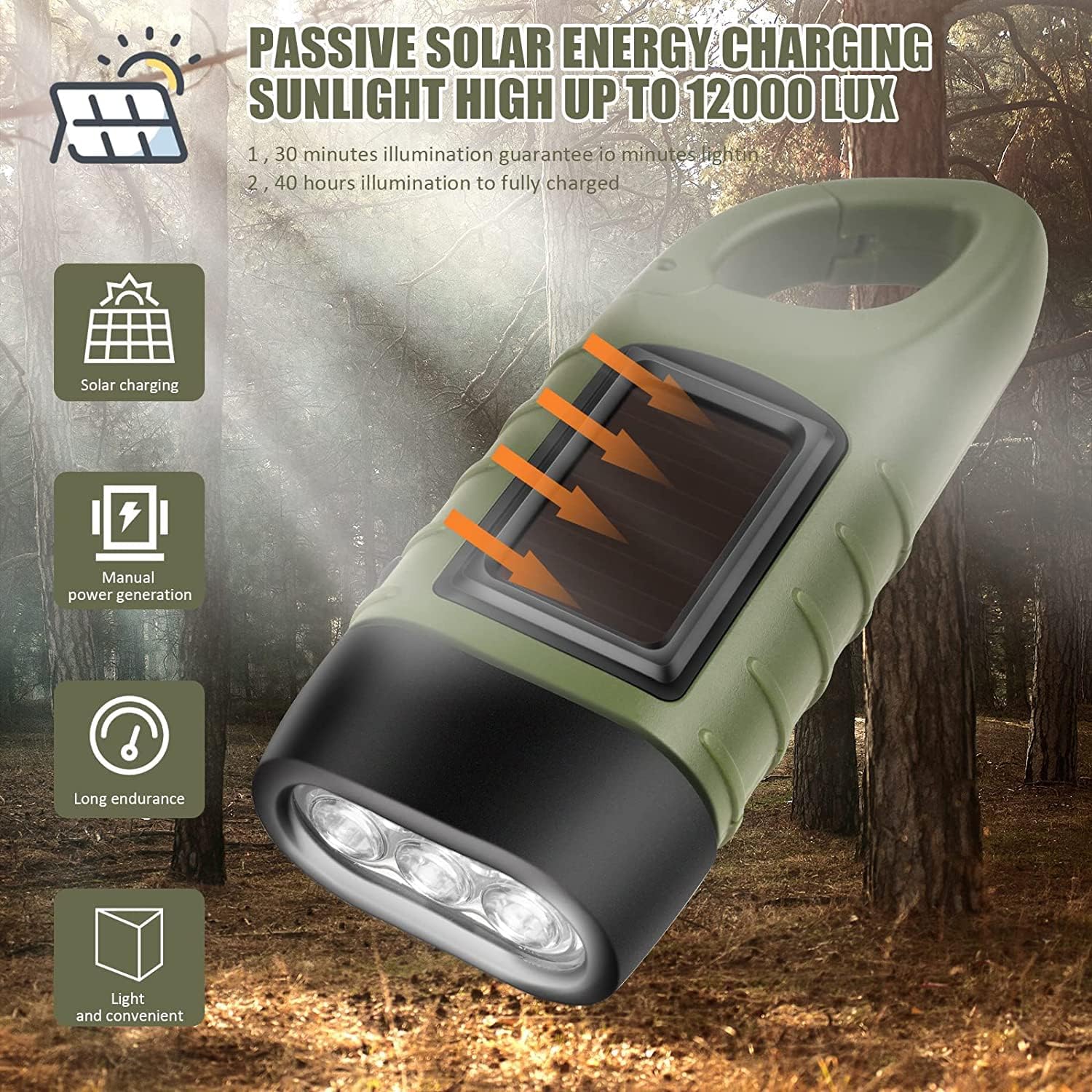 Solar and Dynamo Rechargeable Emergency Torch with Hand Crank, USB Charging and Clip for Camping, Power Outages and Survival Kits, Black — image 3