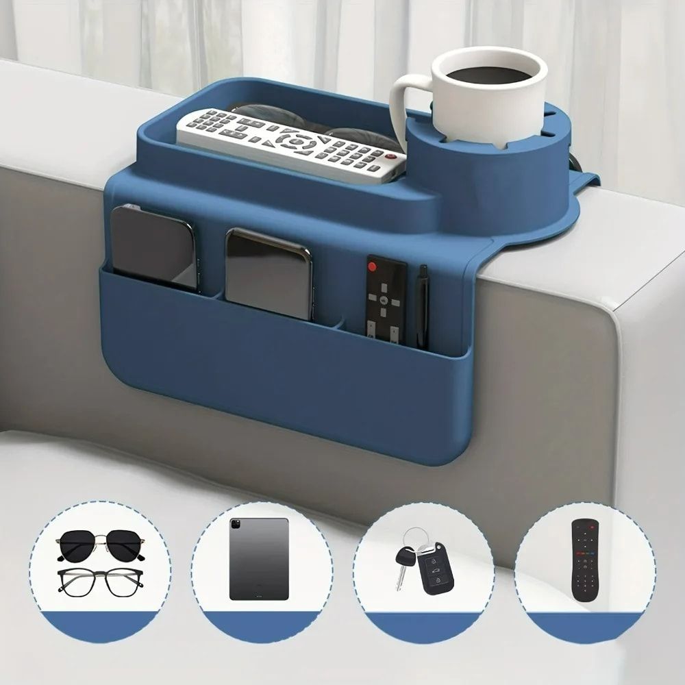 Tidy up your sofa side with this innovative silicone armrest caddy, designed to securely hold your coffee mug, phone, remote, glasses, and keys while you — image 3