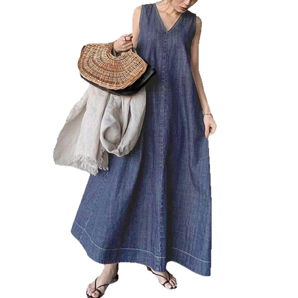 Tuoxin Denim Dress Women V Neck Washed Long Sleeveless Light Blue M Size: M; Height (cm): 160-165; Weight (kg): 50-55; Bust (cm): 86-90; Waist (cm): 70-74 — image 5