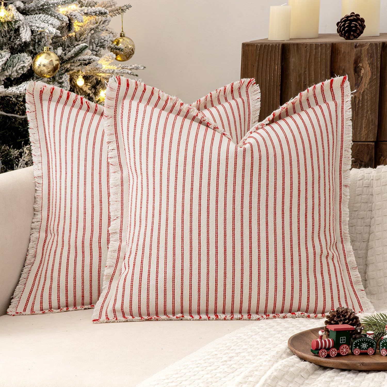 Pack of 2 Christmas Red Pillow Covers 18x18 Inch Striped Farmhouse Couch Throw Pillow Covers with Fringe Chic Linen Decorative Cushion Covers for Sofa Living