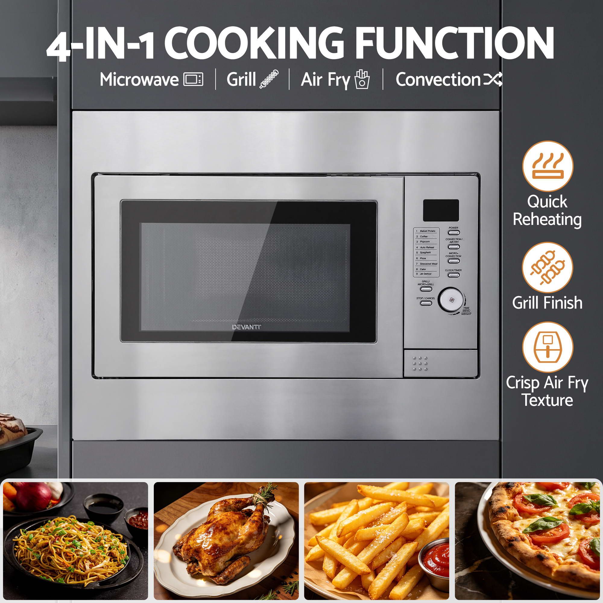 Devanti Built In Microwave Oven 30L Grill Air Fry Convection Silver — image 4