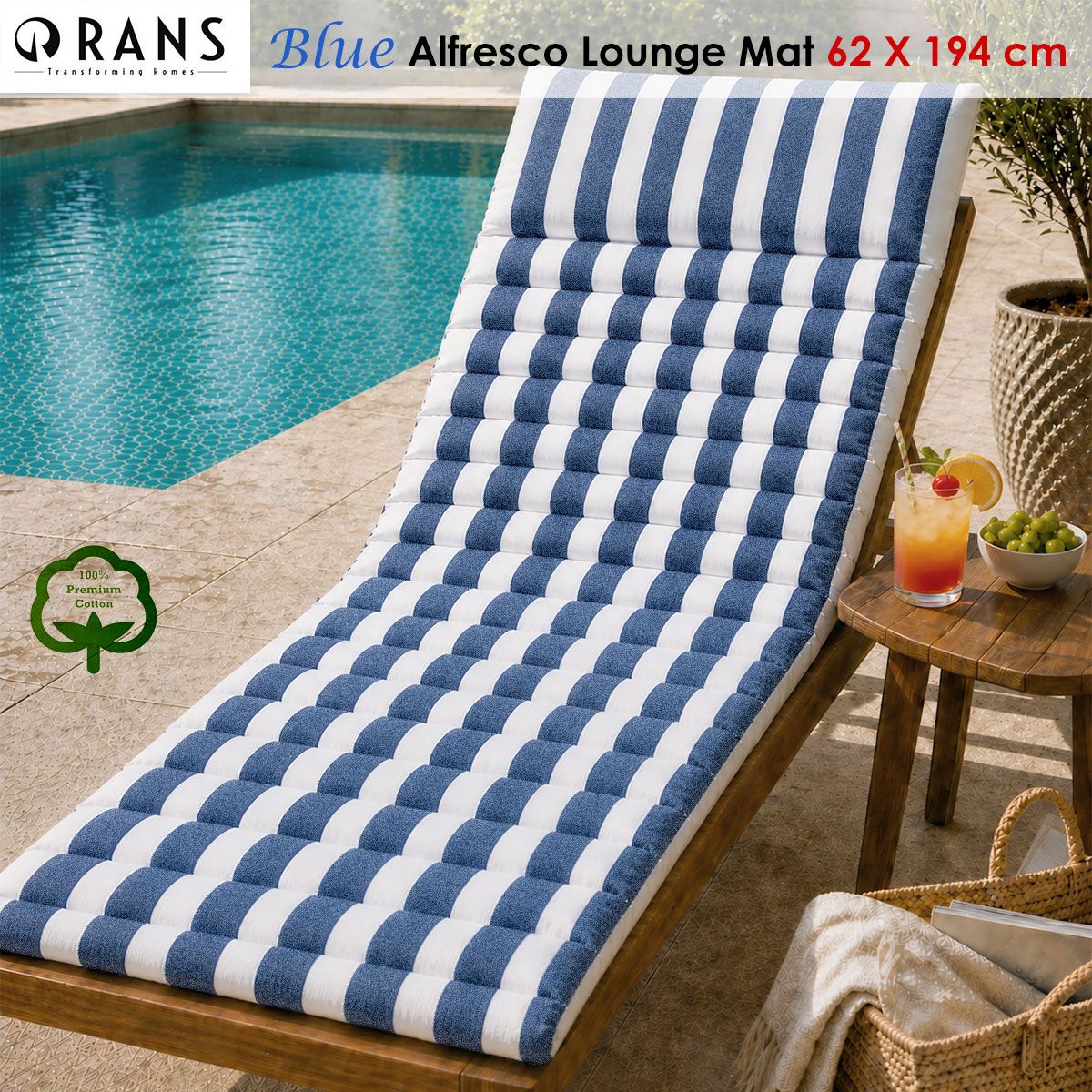 Rans Blue Alfresco Cotton Outdoor Indoor Lounge Mat 62 × 194 cm — image 3