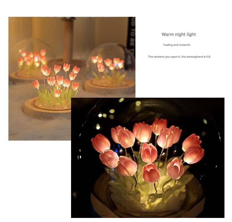(Thirteen Pink Tulips) Glowing Tulip Dome Lamp - Wooden Base, Bedside Table Decoration โ image 3