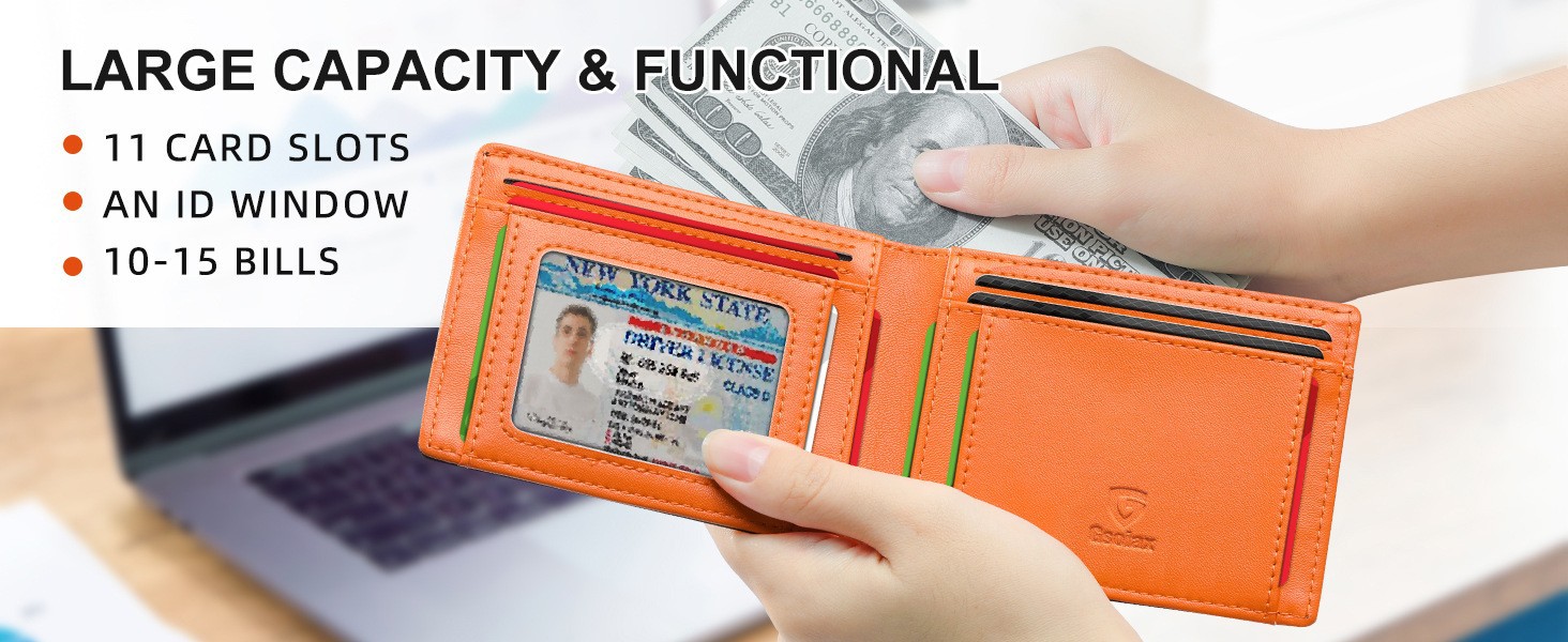 Men's Slim Leather Bifold Wallet - RFID Blocking, 11 Card Slots, ID Window(Carbon Orange Twill) — image 6