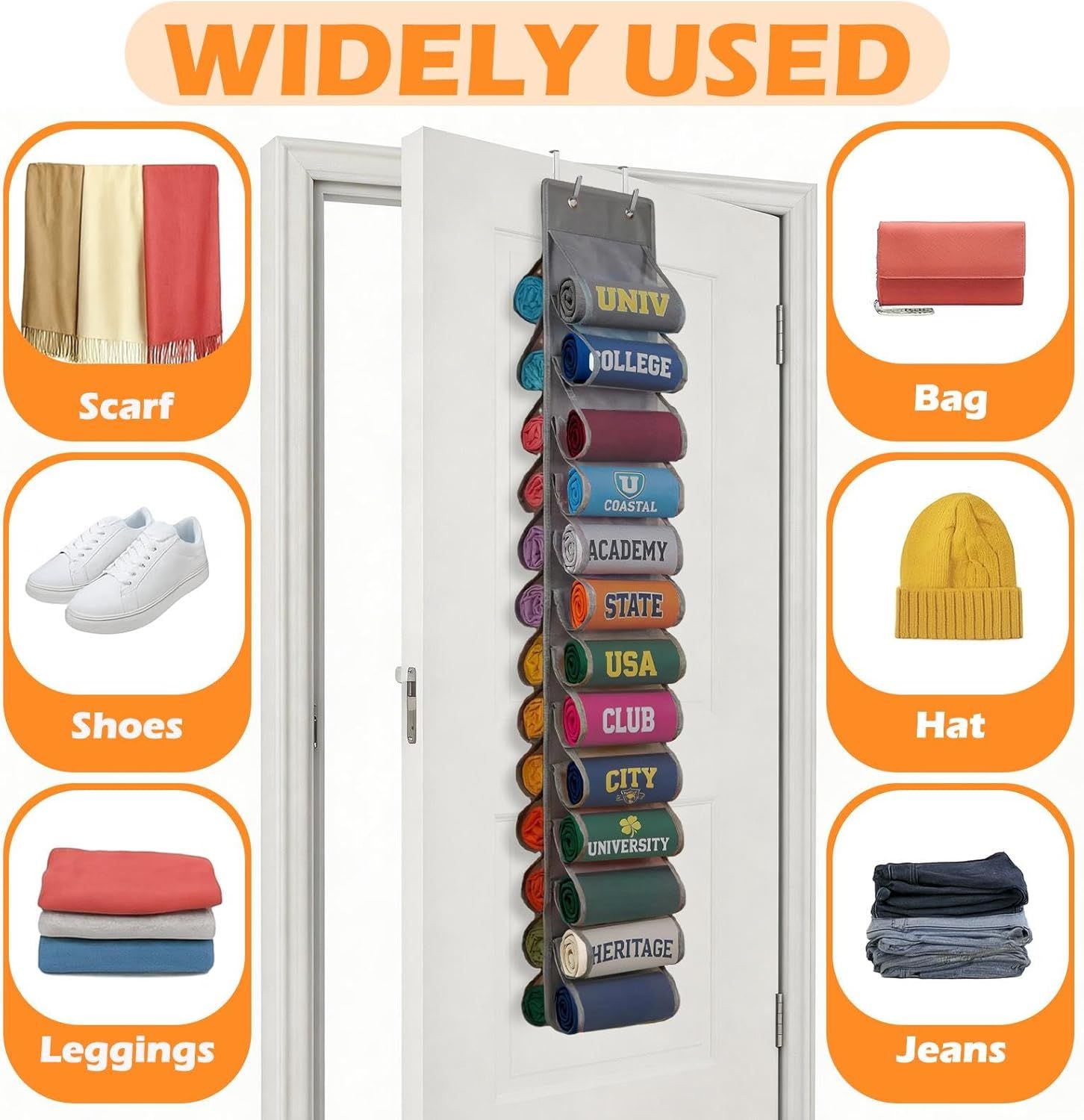 Double-Sided Over Door & Closet Organizer for Yoga Pants, Scarves & Accessories in Dorms and Bedrooms, 26-Pocket Vertical Storage Rack (Grey) β image 3