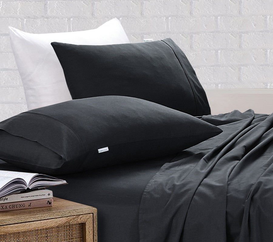 Elan Linen 100% Egyptian Cotton Vintage Washed 500TC Charcoal Single Bed Sheets Set โ image 2