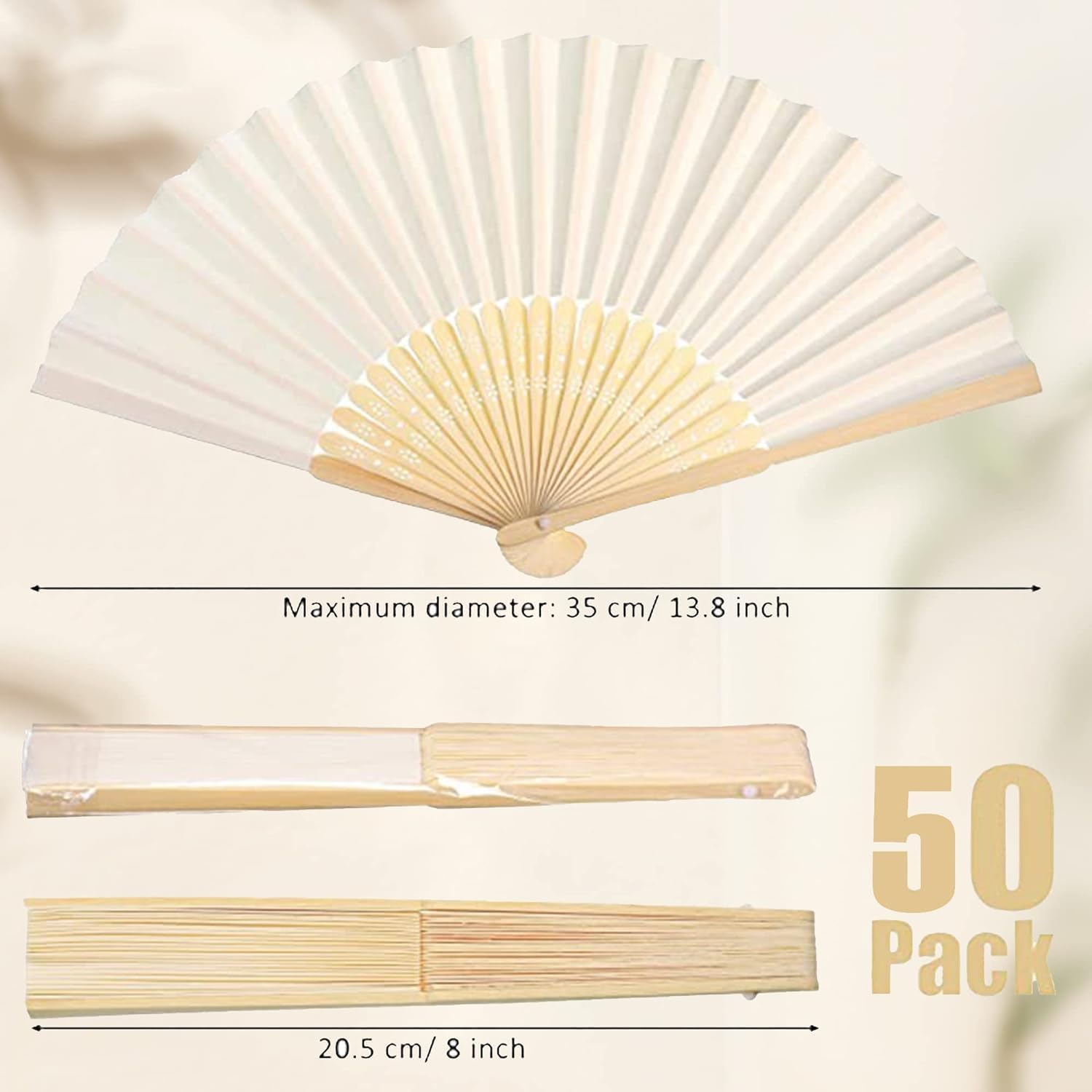 50pcs White Paper Hand Fan Bamboo Folding Fan Handheld Wedding Fans Folded Fan for Bridal Dancing Party Favors Church Home Office Decoration Gift DIY Supplies — image 2