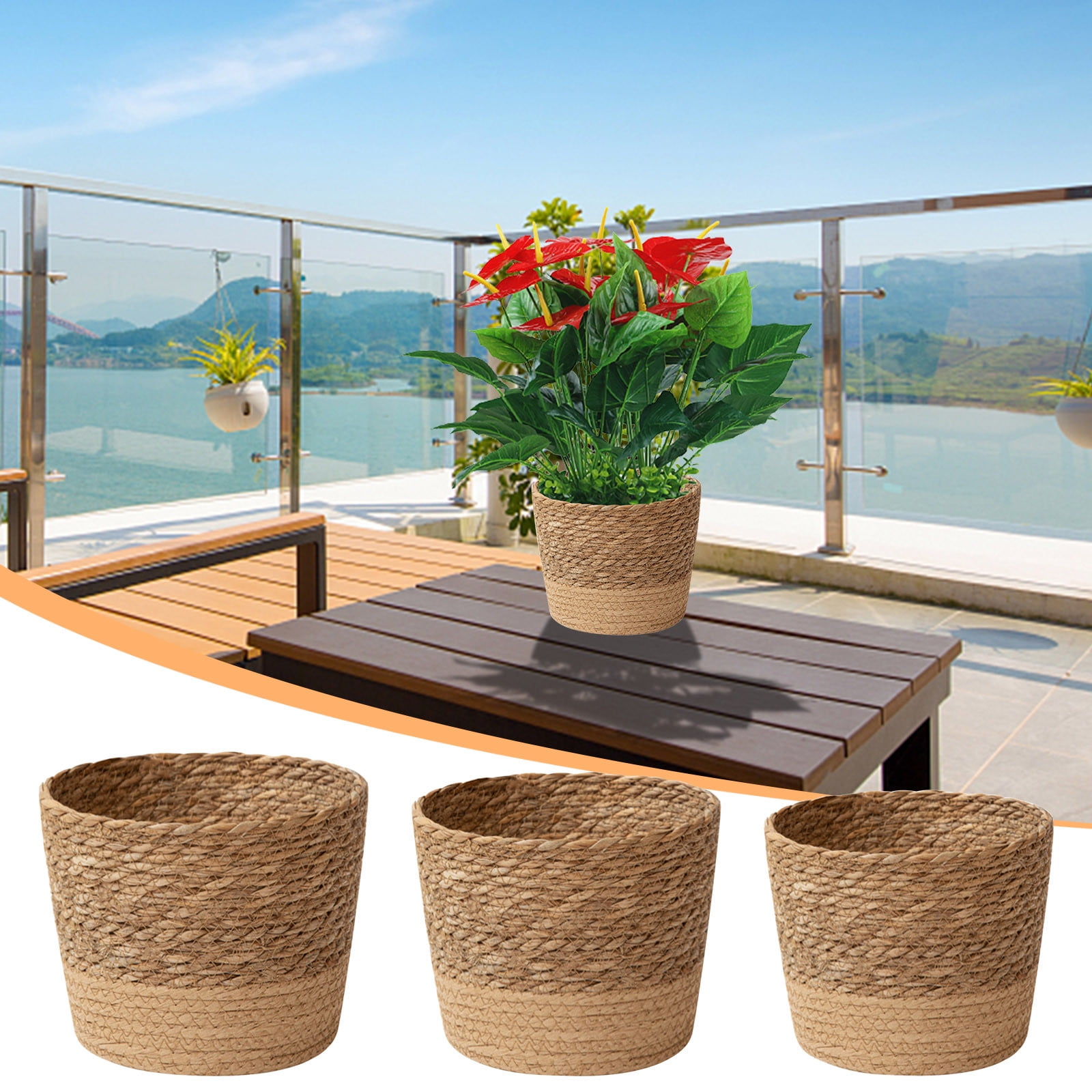 Woven Seagrass Plant Basket, Flower Pots Home Boho Decor, Storage Picnic Grocery Straw Bag for Plant Artificial Tree - 5.5"×8.7"×6.3 E — image 5